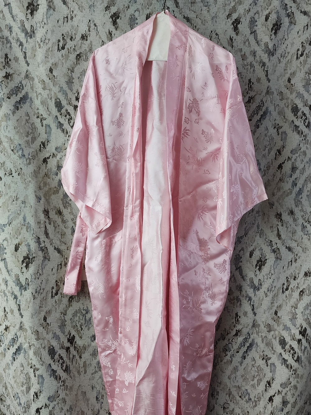 Vintage Pink Double Peach 100% Silk Jacquard Floral Long Kimono Robe Size XL NWT